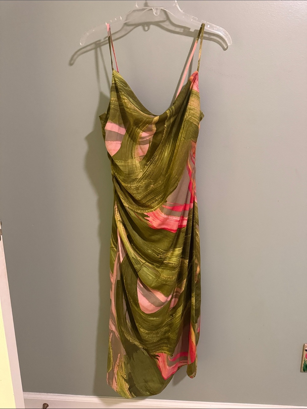 BCBG Olive Green and Pink Draped Cowl Midi Dress